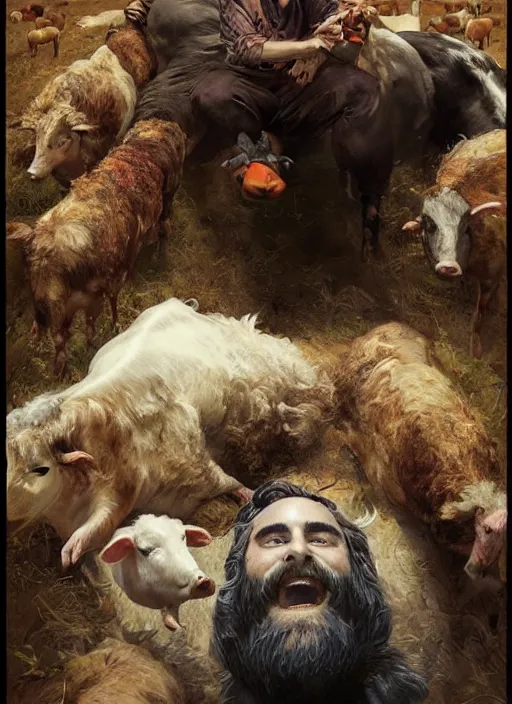 Image similar to a hyper detailed painting of joaquin phoenix surrounded by animals, cow, pig, sheep, chicken, horror, by anna podedworna, by miklos ligeti, by diego maricato, by taran fiddler, by antonino truisi, by chris reddie, by jinsung lim, trending on artstation