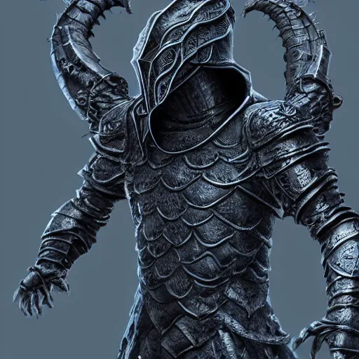 Image similar to detailed hypperrealistic artstation render, full body front view of a scaly black cloaked man, wearing a metal knights helmet, carries a large knights blue greatsword in his hands, in addition tentacles emerge from his back like wings