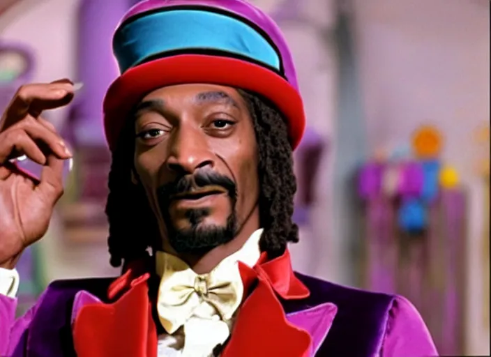 Image similar to film still of Snoop Dogg as Willy Wonka in Willy Wonka and the Chocolate Factory 1971