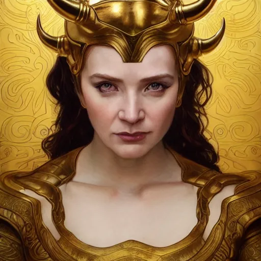 Image similar to Portrait of a female genderbent Loki with golden horned helmet drawn by Donato Giancola and Tom Bagshaw, face by Artgerm, overall design by Alphonse Mucha, background by James Jean and Gustav Klimt, light by Julie Bell, 4k, porcelain skin, komorebi, french nouveau, trending on artstation, octane render, hyperrealistic