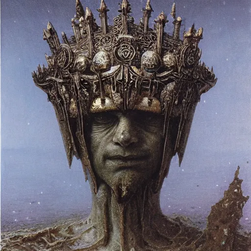 Image similar to ice lord, wearing icy ornamented armor, wearing ice royal crown war helm, beksinski