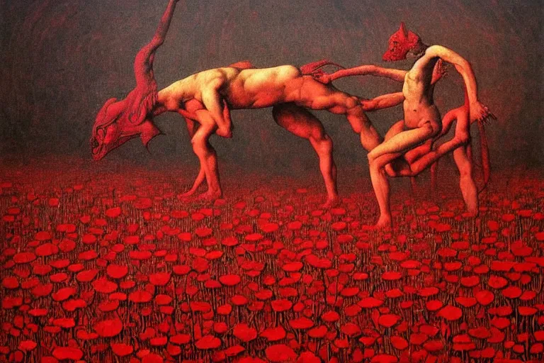 Image similar to only with red, red flowers of different types, a red tiger, a castle in the background, medieval demons dance over the flowers, an ancient path, in the style of beksinski, part by hopper, part by rodcenko, part by hofbauer, intricate composition, red by caravaggio, insanely quality, highly detailed, masterpiece, red light, artstation