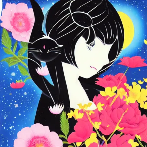 Prompt: black cat, moon, flowers, symbolic, super detailed, by tomokazu matsuyama by ilya kuvshinov