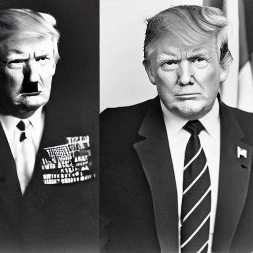 Image similar to world War 2 portrait of a very happy Donald Trump standing next to Adolf Hitler, black and white photography, shot by Annie Leibovitz, 4k, 8k, highly detailed