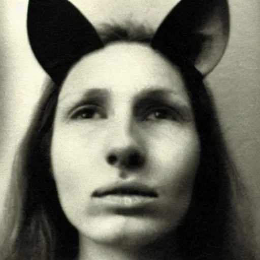 Image similar to The first known case of a human with cat ears, circa 1982, colorized black and white photograph