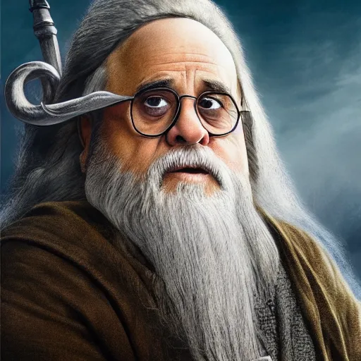 Image similar to ultra realistic illustration, danny devito as gandalf the white from lord of the rings movie, full body, high quality, highly detailrd, wide angle, illustration, digital art, full color