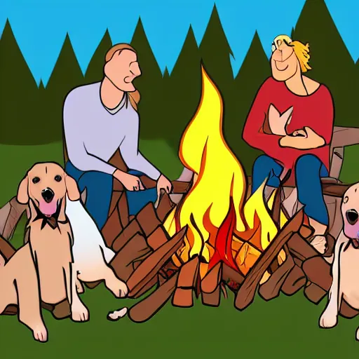 Image similar to cartoon of hillbilly with long blonde hair at a bonfire with his australian shepherd