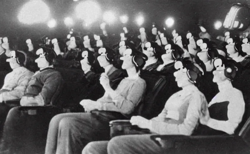 Image similar to 1 9 0 0 s photo of people wearing virtual reality headsets vr in a movie theater masterpiece old photograph