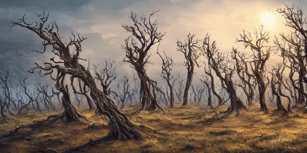 Prompt: swaths of dead windswept trees, no soil, high quality fantasy art, 4k