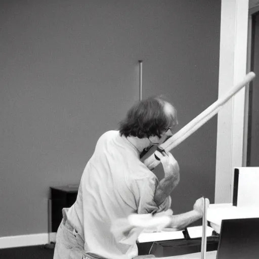 Image similar to bjarne stroustrup smashing a computer with a large mallet, photograph in an office taken in 1 9 9 5