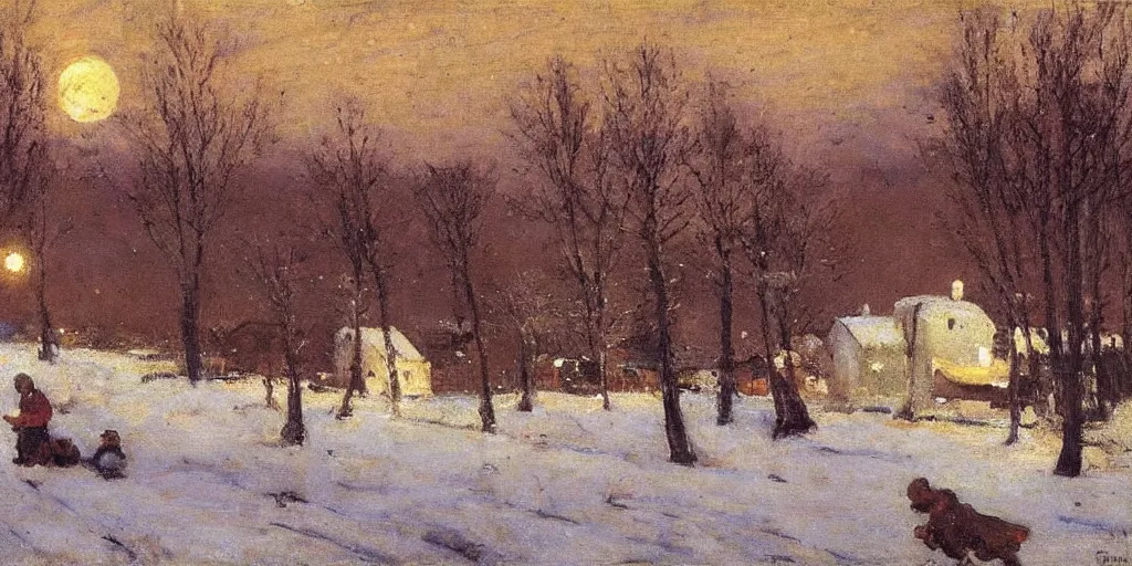 Image similar to a scene of a small rural russian village at night, stars, moon, wintertime, painting by frank weston benson