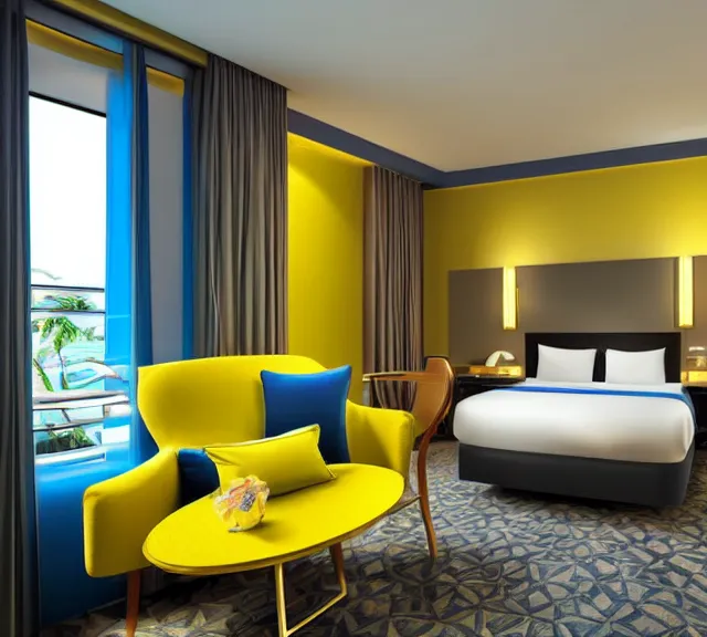 Image similar to a 4 k photorealistic photo hotel room picture of a luxury blue and yellow hotel room suite