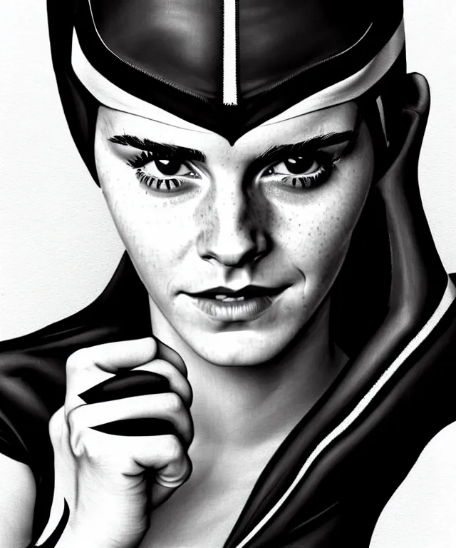 Image similar to a detailed fifty mm portrait of emma watson as a catwoman in a black adidas track suit with white stripes, headshot, highly detailed, digital painting, artstation, concept art, sharp focus, cinematic lighting, illustration, art by met mangindaan, artgerm and greg rutkowski, alphonse mucha, cgsociety