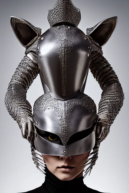 Image similar to female knight wearing a real cat on her head, armor designed by wayne barlowe, swarovski and tiffany, blonde hair, symmetry, sci - fi, cinematic, elegant, luxury, perfect light, perfect composition, dlsr photography, sharp focus, dark fantasy, 8 k, ultra hd, sense of awe, highly detailed, realistic, intricate