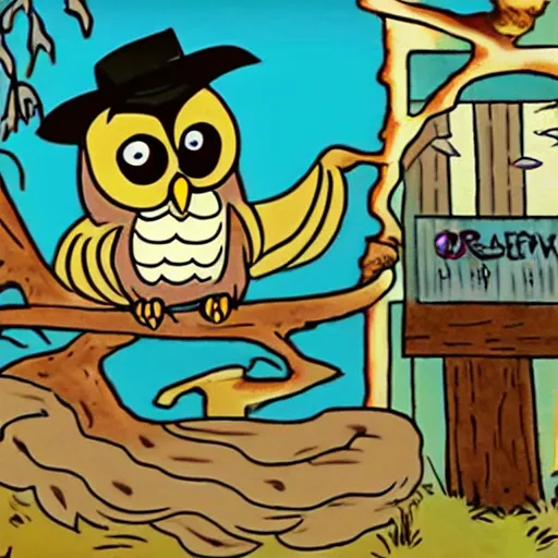 Prompt: saturday morning cartoon of an owl dressed up as the lone ranger, 1990s tv show screenshot