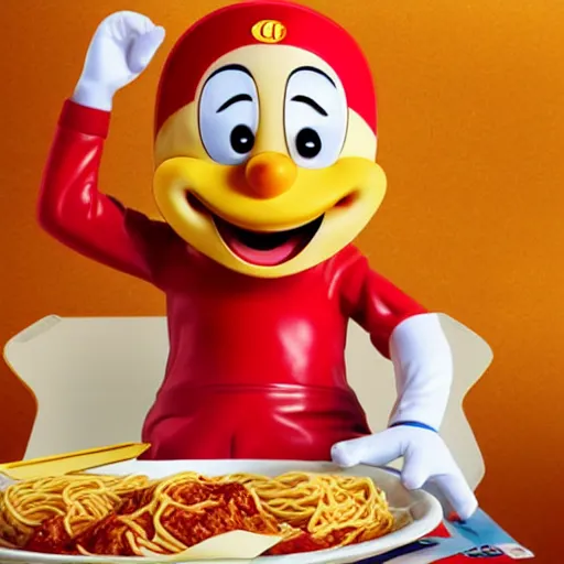 Prompt: Jollibee mascot eating a plate of spaghetti