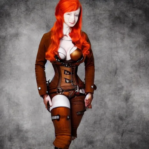 Image similar to redhead steampunk scientist's body is accidentally inflated to near bursting by experiment gone wrong. photorealistic full body image