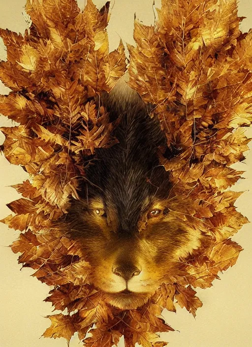 Image similar to golden leaves at frame border, creative!!! composition for a book cover, absurdly beautiful, ultrafine hyperrealistic detailed animal face by wlop and artgerm and greg rutkowski, intricate linework, sharp focus, smooth, octopath traveler, final fantasy, unreal engine, dramatic lighting, ethereal, 8 k