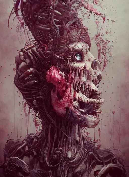 Image similar to Alice eats a cake and grows large,highly detailed,half skull face,cinematic,8k,by Stanley Artgermm,Tom Bagshaw,Greg Rutkowski,Carne Griffiths, Ayami Kojima, Beksinski, Giger,trending on DeviantArt,hyper detailed,horror, full of colour