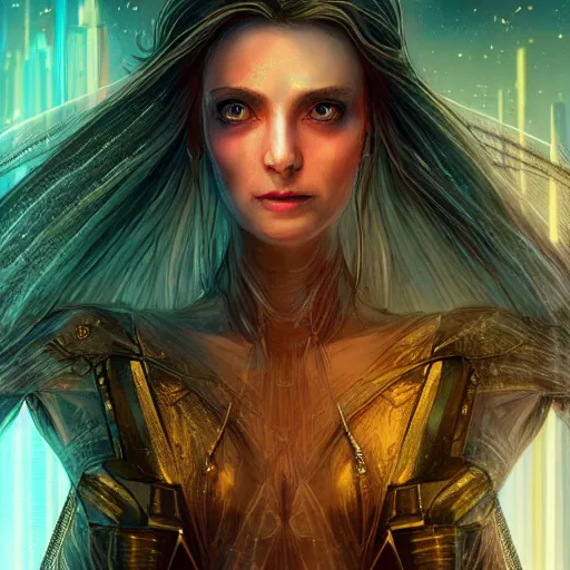 Prompt: cyberpunk galadriel, ethereal, half-body portrait, Lord of the Rings, Neuromancer, science fantasy, portrait, highly detailed, digital painting, artstation, concept art, sharp focus, illustration, art by artgerm and greg rutkowski and magali villeneuve, red white and gold color scheme