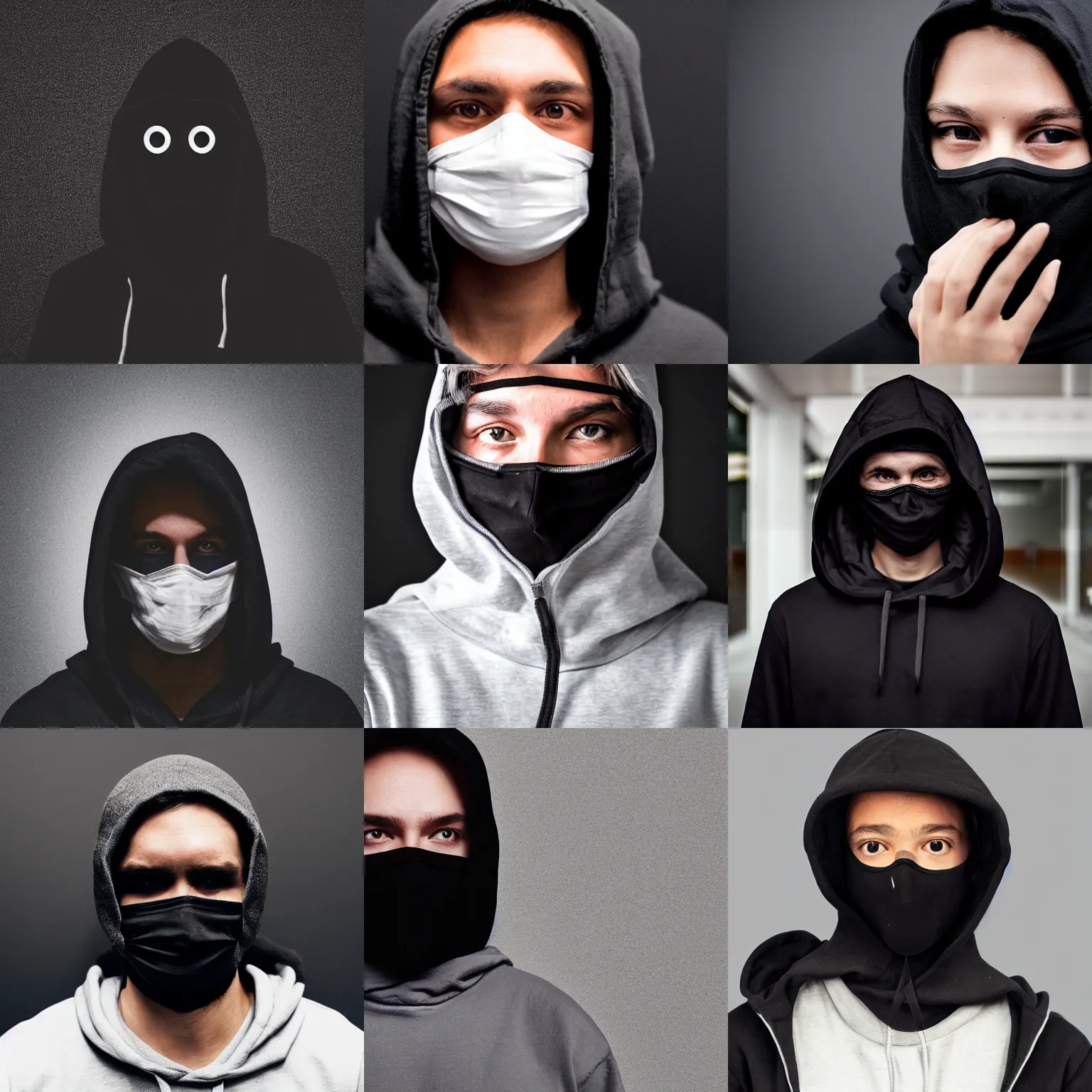 Prompt: Photo of a person wearing black hoodie with a hood on and completely black full face mask and glowing white eyes, on a black background