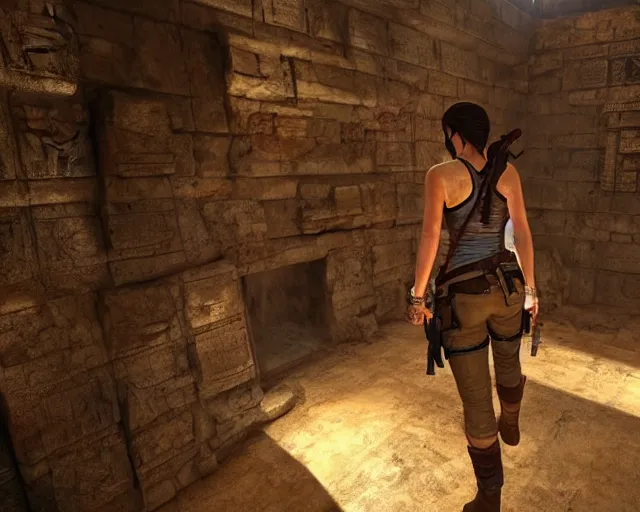 Image similar to screenshot of tomb raider uncharted indiana jones game ps 5, an ancient undiscovered egyptian treasure room entirely made of shiny gold walls, chest full of ingots and gems and precious, concept art, architecture design, pyramids style, rtx, nvidia, renderer, stunning graphics