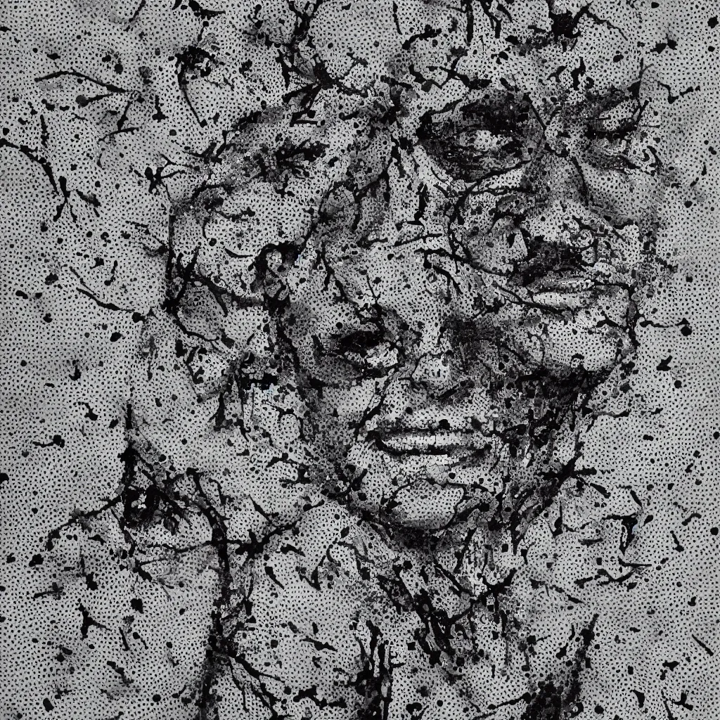 Image similar to camo made of out teeth, smiling, abstract, maya bloch artwork, do hoang tuong artwork, cryptic, dots, stipple, lines, splotch, concrete, color tearing, pitch bending, faceless people, tribal, dark, ominous, eerie, minimal, points, technical, painting