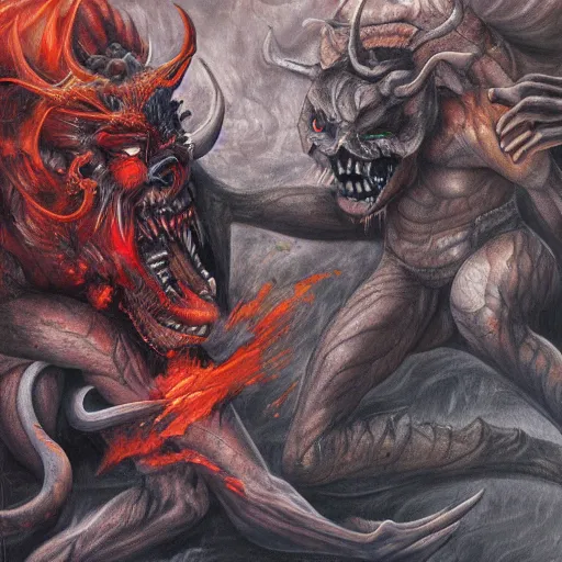 Prompt: realistc detailed painting two demons fighting each other in hell, dark style