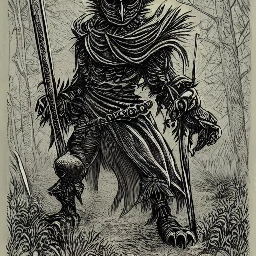 Image similar to Anthropomorphic black owl knight with yellow eyes, holding a large spear, shambling in a forest at night while twisting its head, full body shot, Intricate detail, in the style of Kentaro Miura,