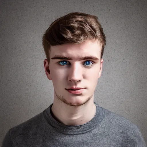 Image similar to portrait of a 2 1 year old german - irish man with long face, long brown hair, strong chin, grey eyes, clean shaven