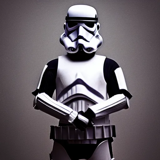 Image similar to a realistic photography of a storm trooper looking like a samurai, studio lighting