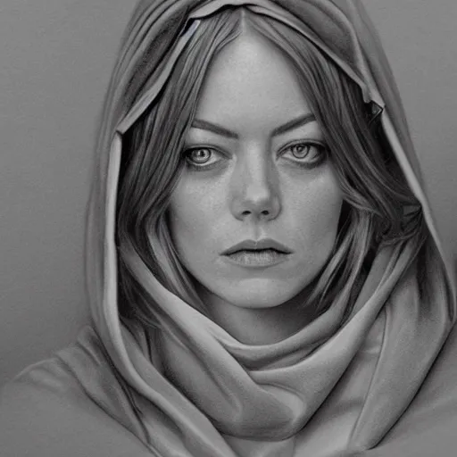 Prompt: hyper realistic pencil drawing of emma stone as an eldritch princess, cloak, fantasy, dark, stunning, detail, sharp