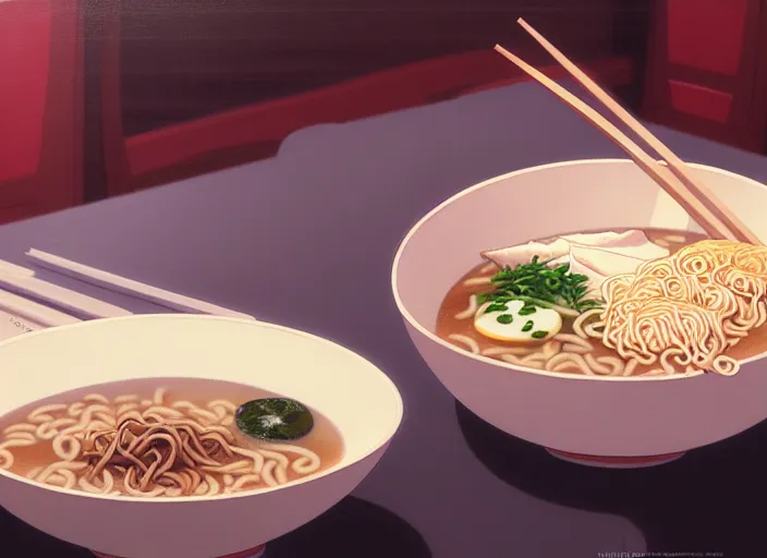 Image similar to a film still portrait of a bowl with ramen, finely detailed features, closeup at the food, perfect art, at a dinner table, gapmoe yandere grimdark, trending on pixiv fanbox, painted by greg rutkowski makoto shinkai takashi takeuchi studio ghibli, akihiko yoshida