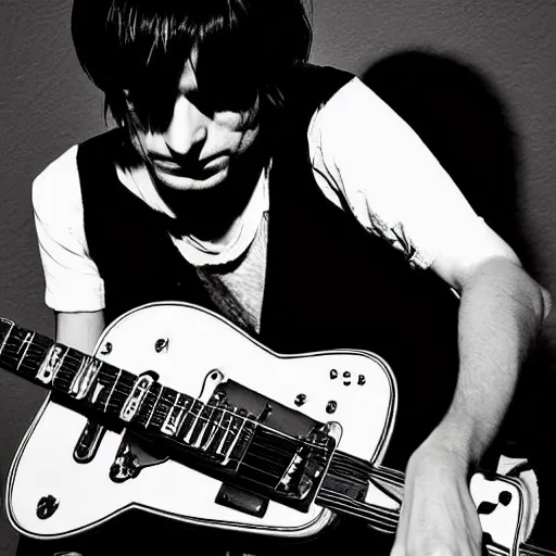 Image similar to Jonny Greenwood playing a guitar in a black and white photo, a black and white photo by Blythe, featured on tumblr, toyism, groovy, psychedelic, ilya kuvshinov