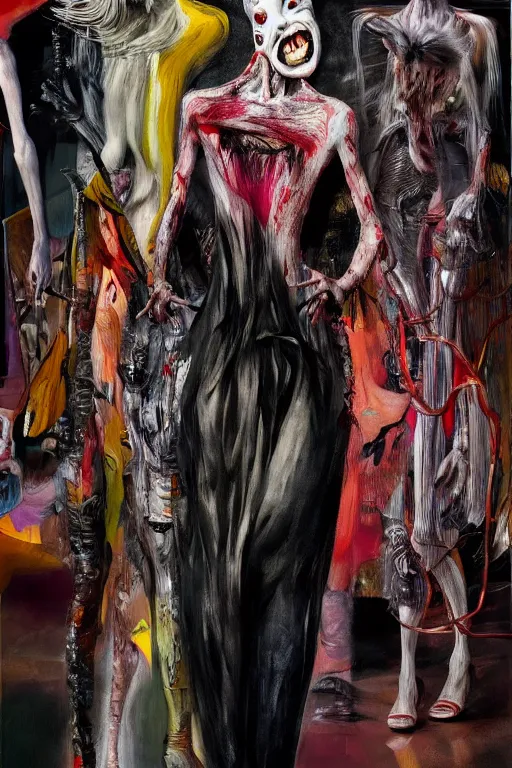 Image similar to crazy fashion catwalk, one model, crazy clothes, biopunk style, horror, hauntingly surreal, highly detailed painting by francis bacon, edward hopper, adrian ghenie, gerhard richter, and james jean soft light 4 k,