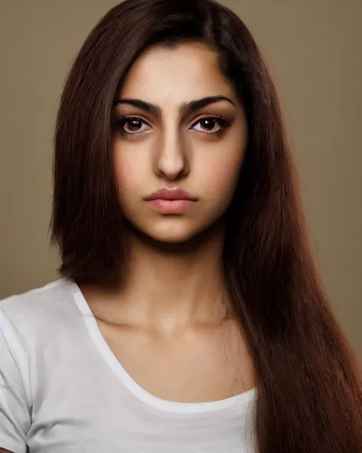 Image similar to a highly realistic, true to life portrait of a beautiful young middle eastern girl, sharp focus, from the waist up, under studio lighting, taken with a canon eos camera with 1 3 5 mm focal length, trending on artstation.