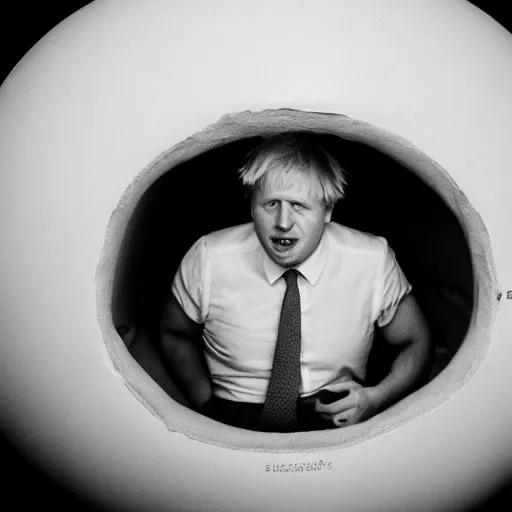 Image similar to boris johnson inside an egg, 3 5 mm photography