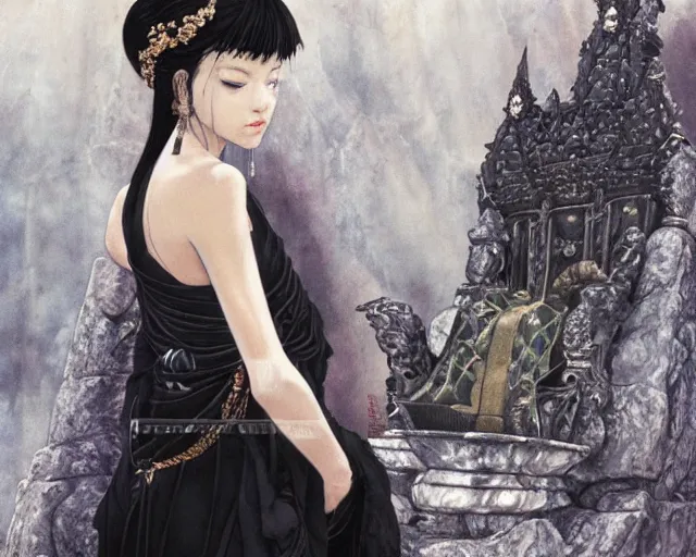 Prompt: an illustration of a queen wearing a beautiful black dress on a stone throne by yoshitaka amano, by katsuhiro otomo realistic, detailed, oil painting