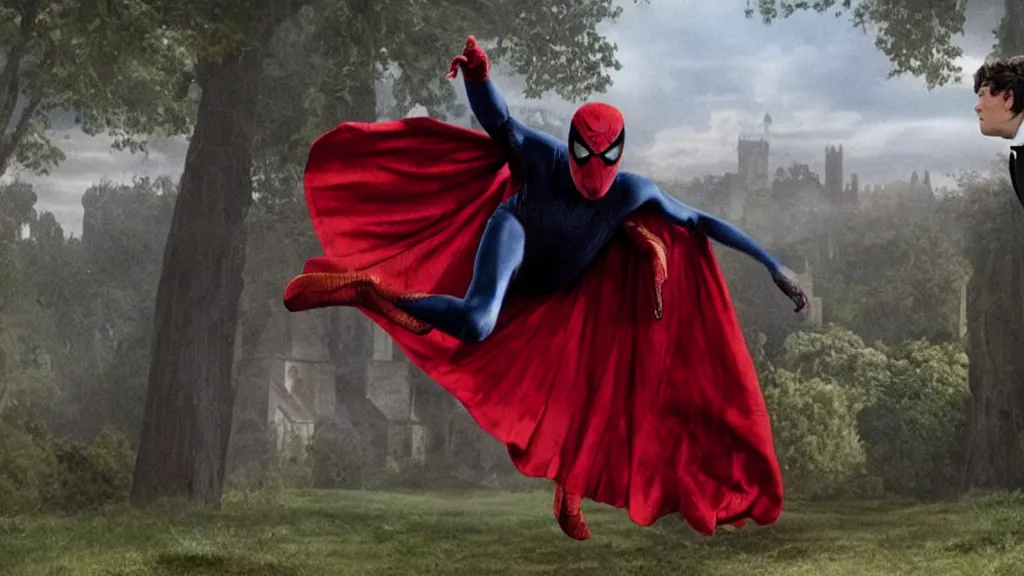 Image similar to victorian era spiderman wearing a cape in the new pride & prejudice movie, movie still realistic, 8 k