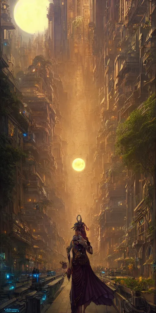 Image similar to golden ornate goddess looking at a hyper realistic cyberpunk city, busy crowded market street overtaken by lush plants, full moon, light rays, gnarly trees by tom bagshaw, mucha, gaston bussiere, craig mullins, j. c. leyendecker 8 k