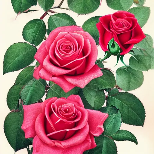 Image similar to botanical study, rose in progressive states of bloom, photorealistic, detailed, rose buds, budding roses, full bloom, partial bloom, scientific botanical illustration