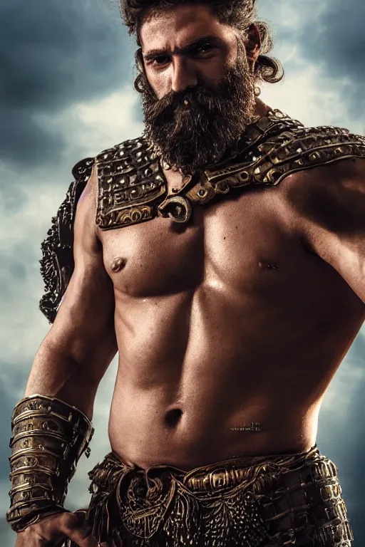 Image similar to portrait of a herculean jewish warrior. smooth iron and bronze armour. rugged young man, very beautiful. big muscles, cinematic lighting, highly detailed, full body shot. beard. bollywood action movie poster