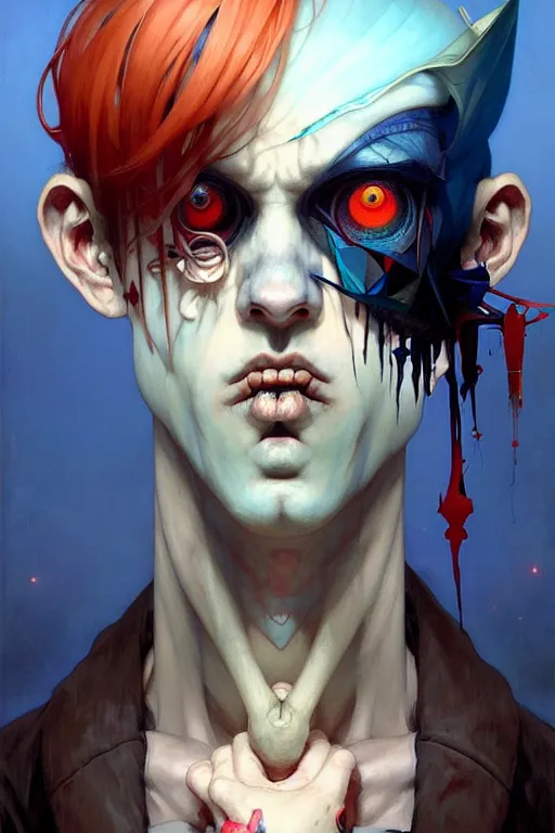 Prompt: portrait, male boy patchwork doll, japanese gothic sytle, macabre horror, blue hour, expressive, asymmetrical art, hyperrealism, colorful, vivid, imposing, epic, abstract texture, artstation, concept art, by peter mohrbacher and wlop and rhads and artgerm and magali villeneuve and alphonse mucha