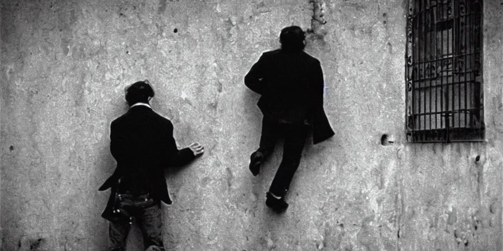 Image similar to detailed medium format photo, polaroid still from an old french movie, sleazy man trying to climb over a wall in night streets of paris, haze, high production value, intricate details, 8 k resolution, hyperrealistic, hdr, photorealistic, high definition, tehnicolor, award - winning photography, masterpiece, amazing colors