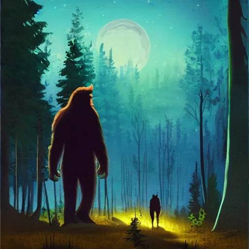 Image similar to bigfoot walking in forest, surreal photography, moon light, dark night, dramatic, impressionist painting, clouds, digital painting, artstation, simon stalenhag