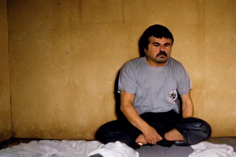 Prompt: el chapo is meditating in the middle of a prison cell. he has 8 wives. 35 mm