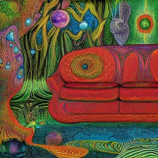 Image similar to psychedelic couch sofa in the lush forest, milky way, designed by moebius, rob gonsalves, gustav dore, giuseppe arcimboldo and carl barks, louis wain, trending on artstation, canada, star, sharp focus, colorful refracted sparkles and lines, soft light, 8 k 4 k