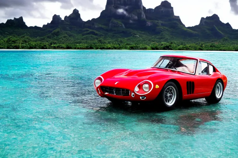 Image similar to cinematography of Ferrari 250 GTO series 2 in bora bora by Emmanuel Lubezki