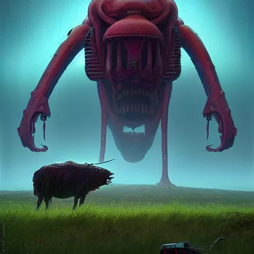 Image similar to giant creature lurking over a cowering smaller creature, epic science fiction horror by Simon Stalenhag and Mark Brooks, extremely detailed