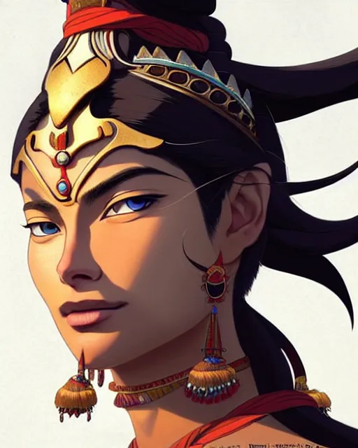 Prompt: indian warrior, doutzen kroes, detailed perfect face, exquisite details, septum piercing!!!!, wind magic, mid view, design on a white background, by studio muti, greg rutkowski makoto shinkai takashi takeuchi studio ghibli